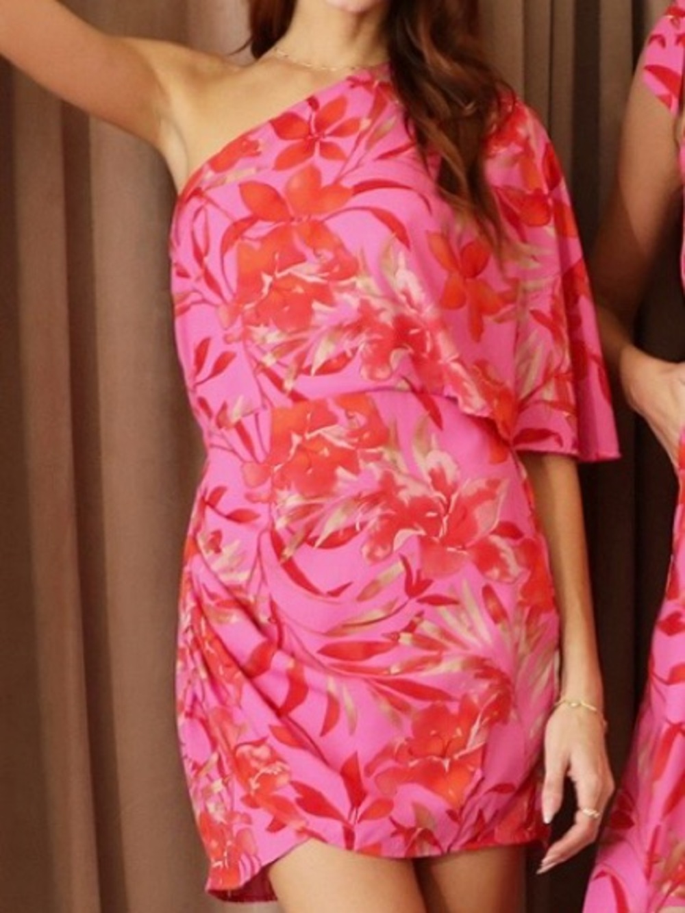 Tyche Women’s Large Vibrant Pink Orange Floral One Shoulder Mini Dress